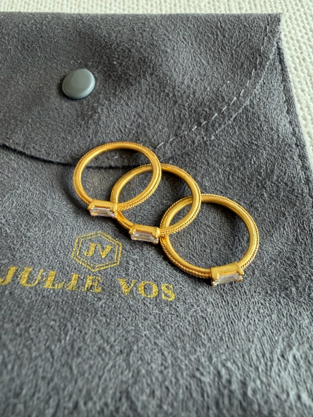 Julie Vos Windsor Trio Baguette Crystal Stacking Rings set of 3